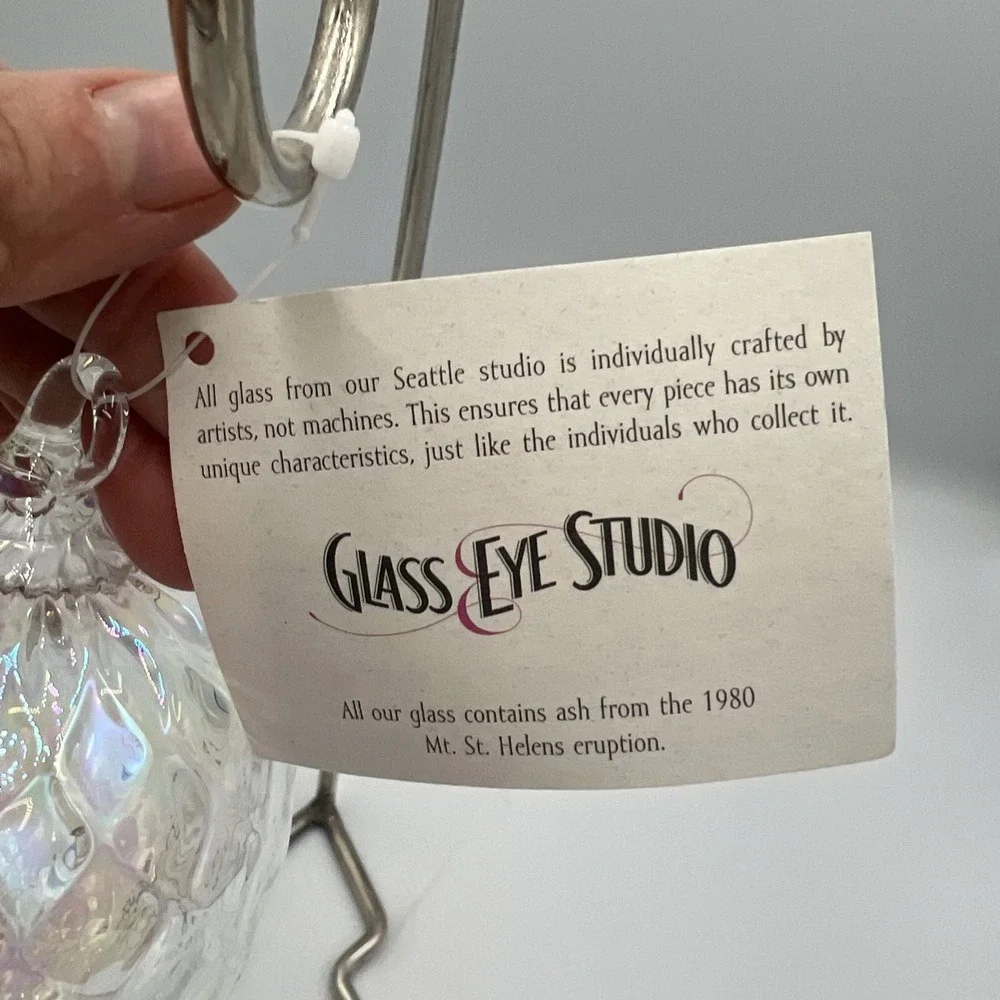 Vtg Glass‎ Eye Studios ornament hand blown quilted iridescent clear white 4